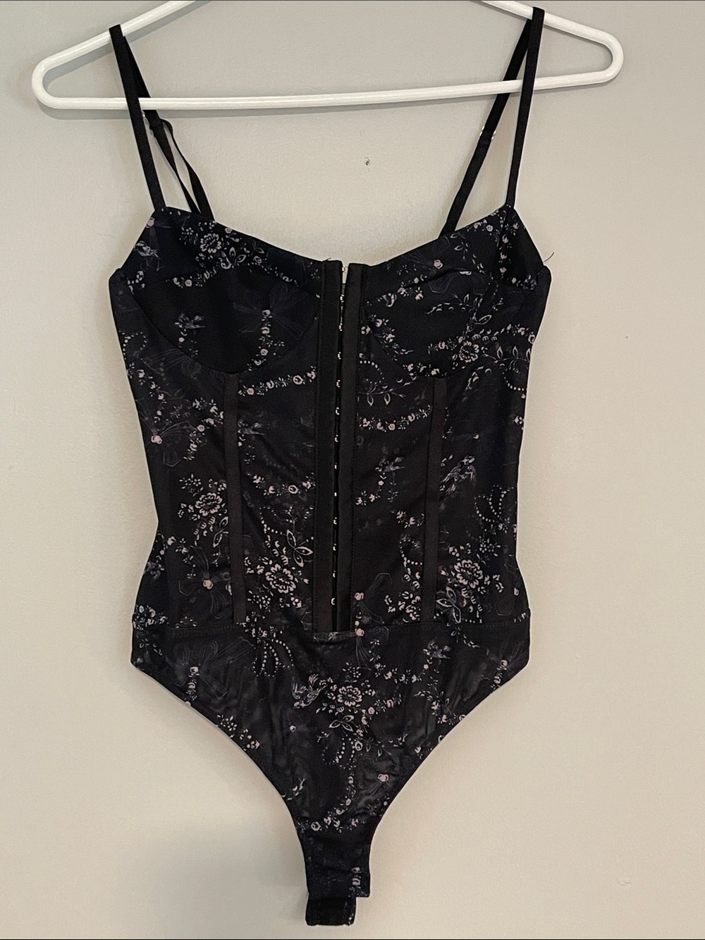 Free People Black Floral Lace-Up Bodysuit with Hook Front